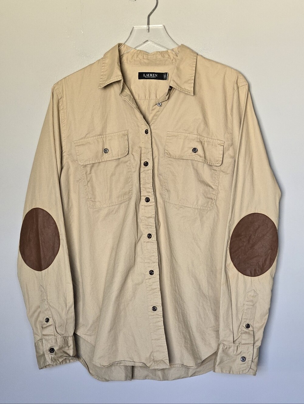 Lauren Ralph Lauren Black Label Khaki Western Safari Button-Down Leather Elbow - Picture 9 of 9